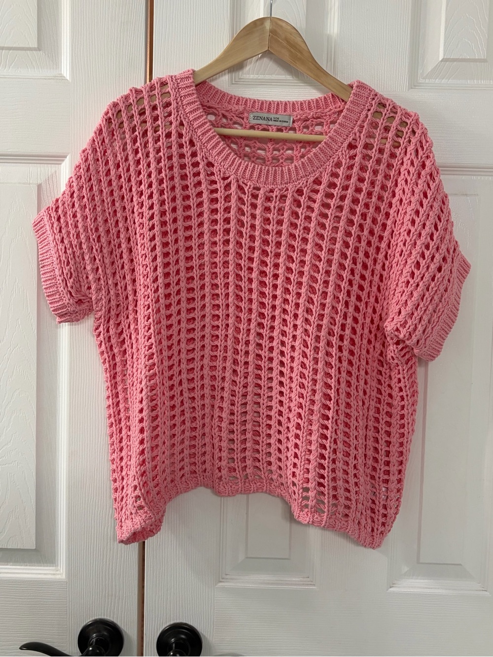 Zenana Pink Open-Knit Short Sleeve Sweater